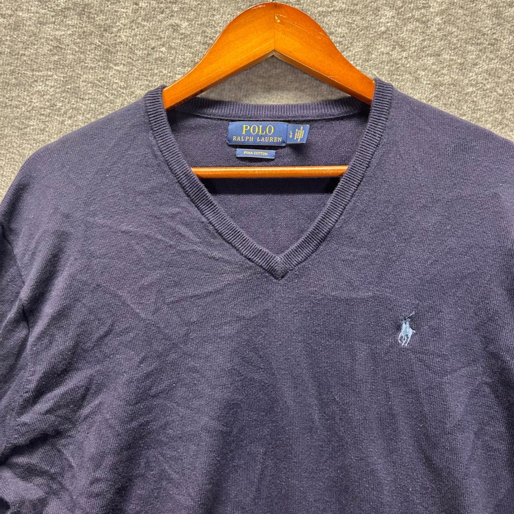 Polo Ralph Lauren Men L Navy Blue‎ Pima Cotton V-Neck Pullover Sweater Logo L/S